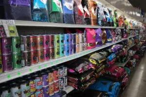 Pet food products on shelves