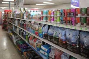 Pet food products on shelves