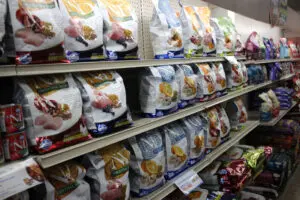 Pet food bags on shelves