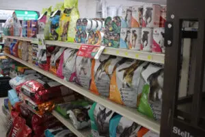 Pet store dog food shelves