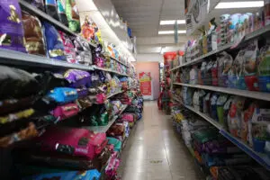 Pet food store aisle view