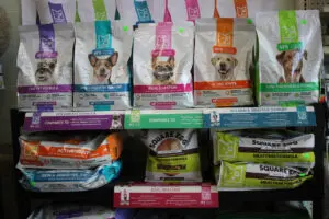 Dog food bags on shelves