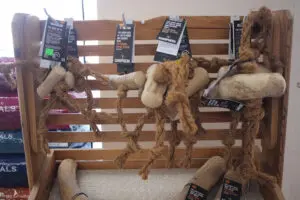 Wooden dog chews on display