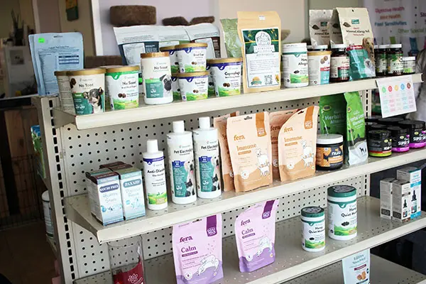 Pet health supplements display shelf