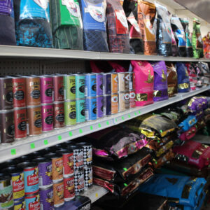 Pet food products on shelves