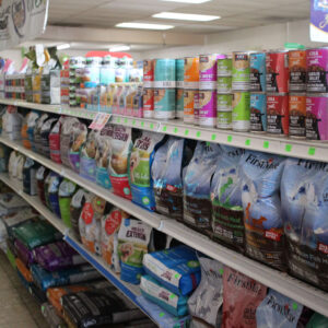 Pet food products on shelves