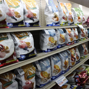 Pet food bags on shelves