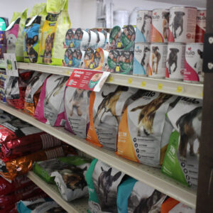 Pet store dog food shelves