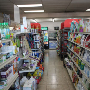 Pet store shelves products aisle