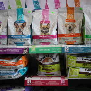 Dog food bags on shelves