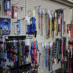 Dog collars and leashes display