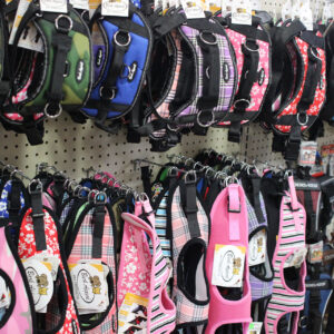 Colorful pet harnesses on display